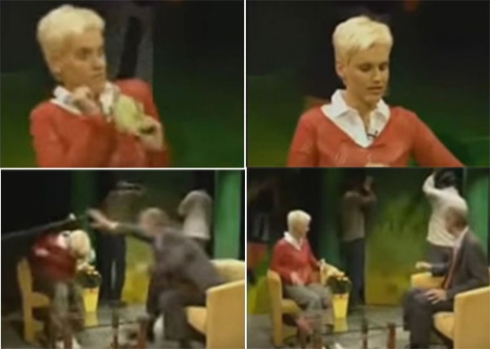 شاهد.. لحظة سقوط ديكور الاستوديو فوق رأس المذيعة مرتين