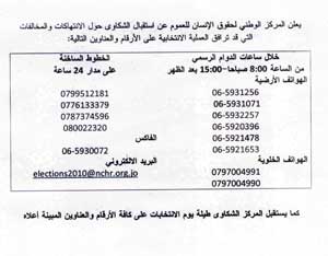 أرقام هواتف المركز الوطني لحقوق الانسان حول شكاوى الانتخابات