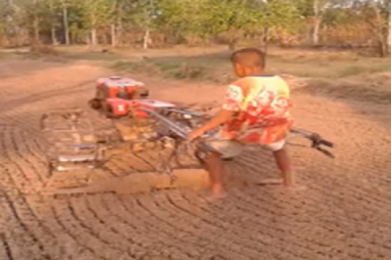 شاهد: طفل يحرث أرضاً زراعية بطريقة طريفة