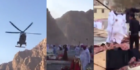 فيديو: شيخ يحضر حفل زواج بطائرة مروحية وعند مغادرته يتسبب بكارثة