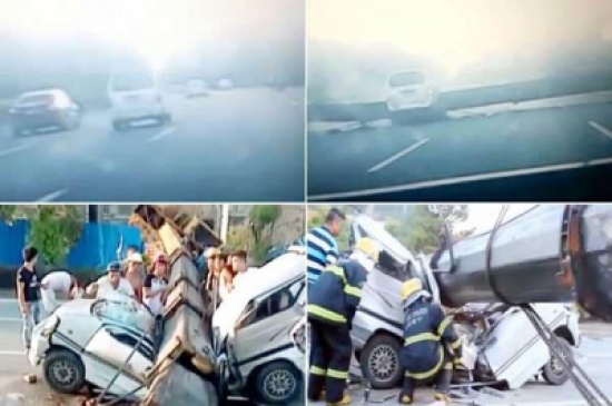 شاهد: لحظة سقوط رافعة على باص ومقتل عدد من الركاب