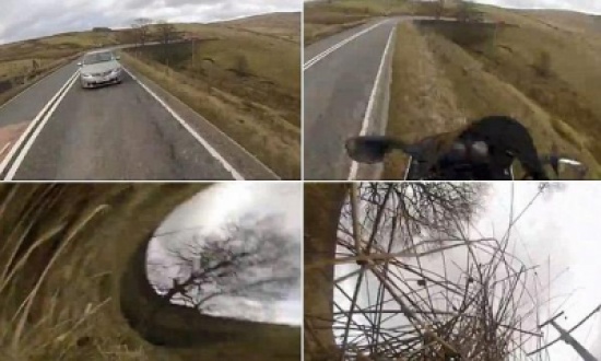 بالفيديو.. دراجة نارية تقفز من جبل لتفادي الاصطدام بسيارة