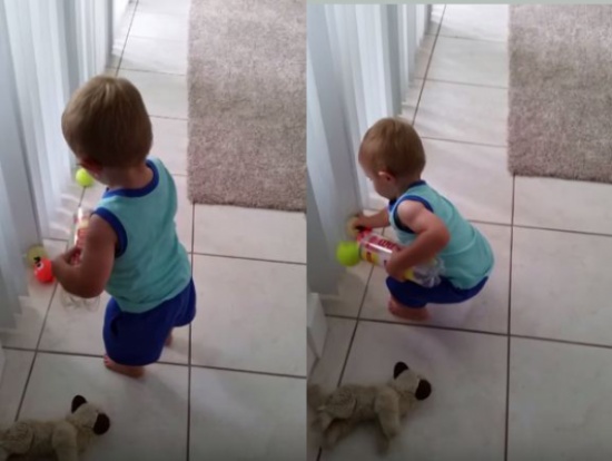 شاهد.. طفل يحاول جمع كرات التنس