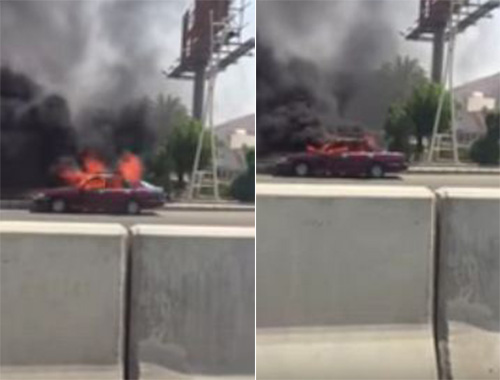 شاهد.. نجاة سائق احترقت مركبته بالكامل