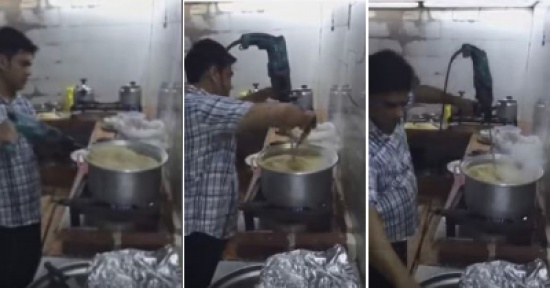 شاهد.. عامل يستخدم دريل لإعداد الطعام