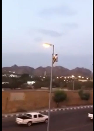 شاب يتسلق عامود بطريقة بهلوانية