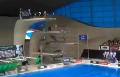 شاهد: مشجع مشاغب يقتحم بطولة العالم للسباحة ويقفز كالمجنون!