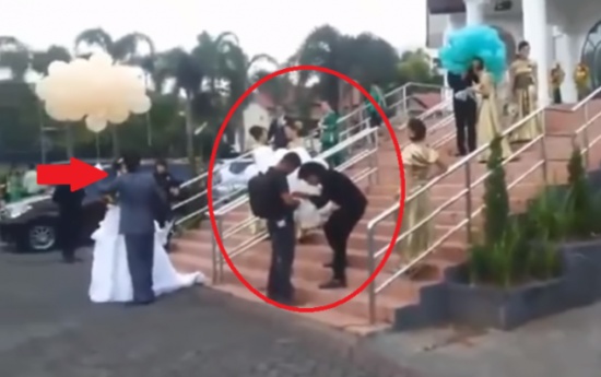 فيديو| موقف مرعب اصاب عروسان بالذعر جعلهما يهربان من الزفاف!