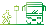 Ett piktogram av en person som går till en busshållplats där bussen väntar