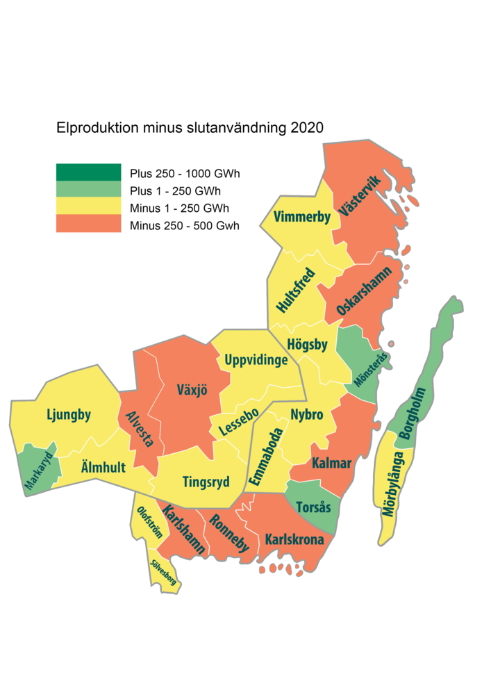 Karta som visar elproduktion minus slutanvändning i sydost 2020