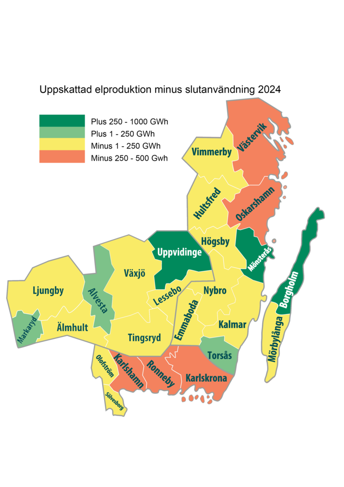 Karta som visar elproduktion minus slutanvändning i sydost 2024