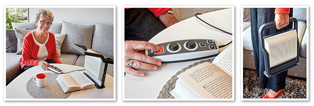Tre bilder. En visar en dam som sitter i soffan och läser en bok med MagniLink Voice. Den andra bilden visar handkontrollen och den tredje bilden visar läsmaskinen ihopfälld.