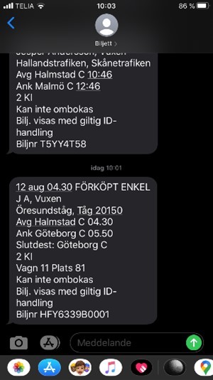 E-biljett som sms på mobilen.