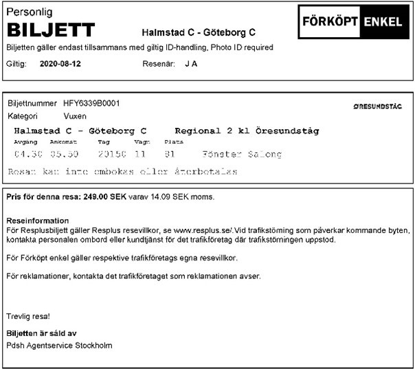 Förköpt E-biljett utskriven i kundservicebutik