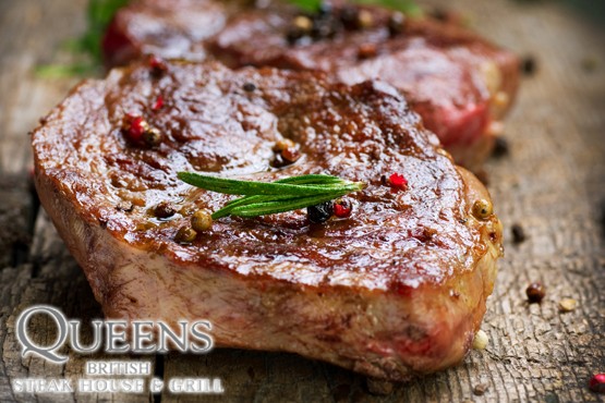 £29 instead of up to £64.85 for a steak dinner for 2 & a glass of wine each at Queens British Steak House & Grill - save up to 55%