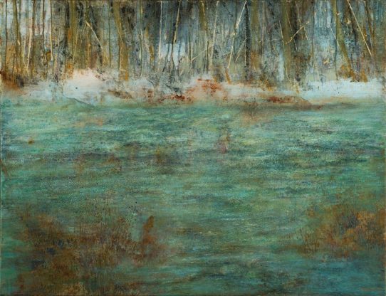 Νεκτάριος Μαμάης (1968- ), «Κοιμισμένο νερό», 2021. Σκόνες αγιογραφίας, ακρυλική κόλλα και υδρύαλος σε καμβά, 90 × 120 εκ. Συλλογή του καλλιτέχνη.