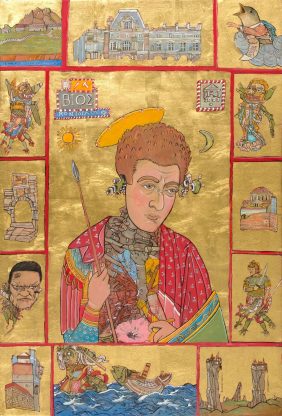 Κωνσταντίνος Παπαμιχαλόπουλος (1975- ), «Βίος Κόντογλου», 2021-2022. Μελάνι, αυγοτέμπερα και φύλλο χρυσού σε ξύλο, 90 × 60 εκ. Συλλογή του καλλιτέχνη.