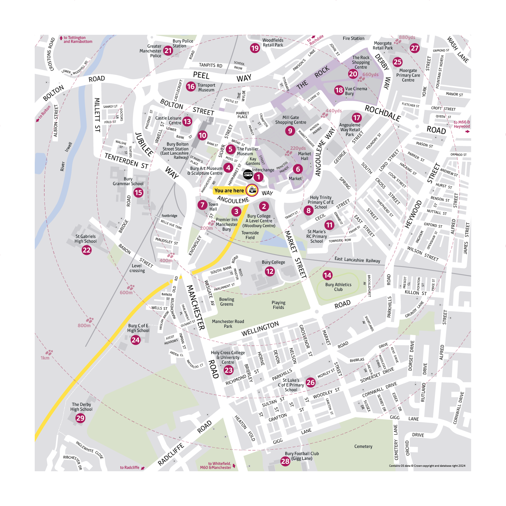 Local area map for Bury tram stop