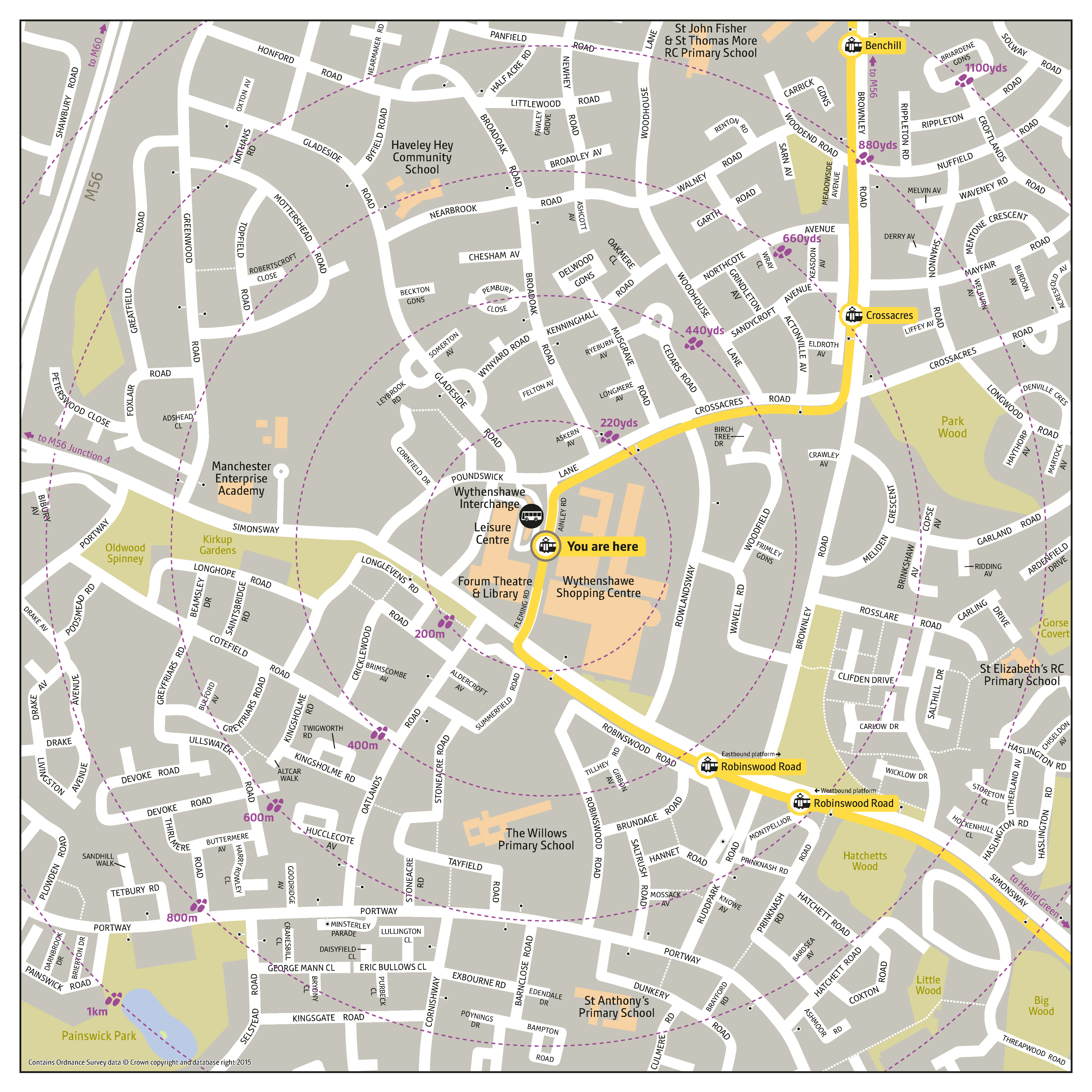 Local area map for Wythenshawe Town Centre tram stop