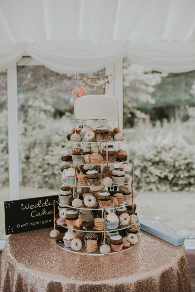 Dessert tower with cake at Orla & Gavin's wedding at Cloughjordan House