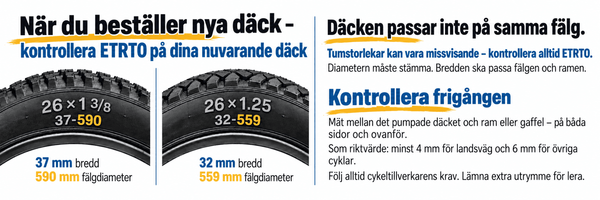 Kontrollera ETRTO när du beställer nya däck: 37-590 och 32-559 passar olika fälgar. Kontrollera också bredd och frigång till ram och gaffel.