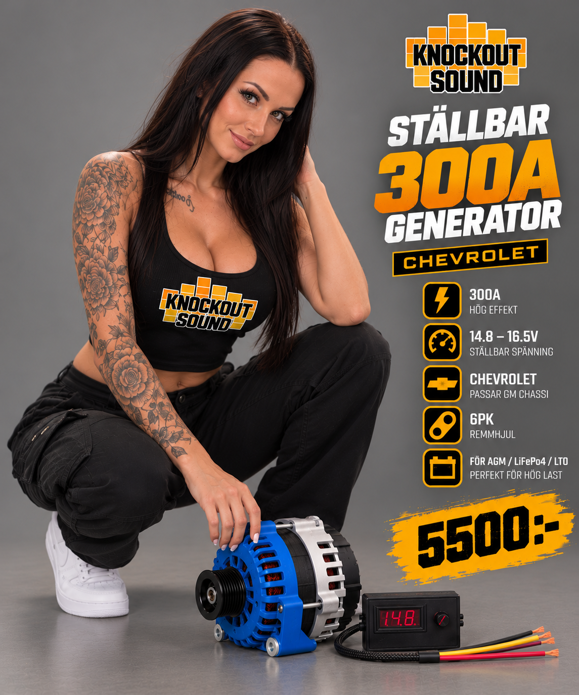 Knockout Sound: ställbar 300A-generator för Chevrolet, 5 500 kr