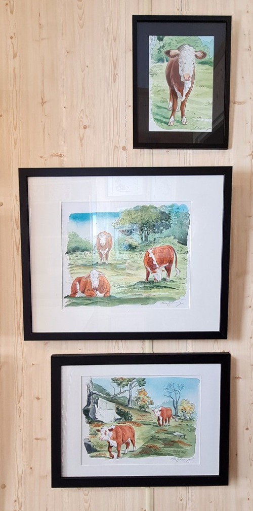 Foto från butikens utställningsvägg, de tre tavlorna har akvarellmålningar med två kor som går i en hage.