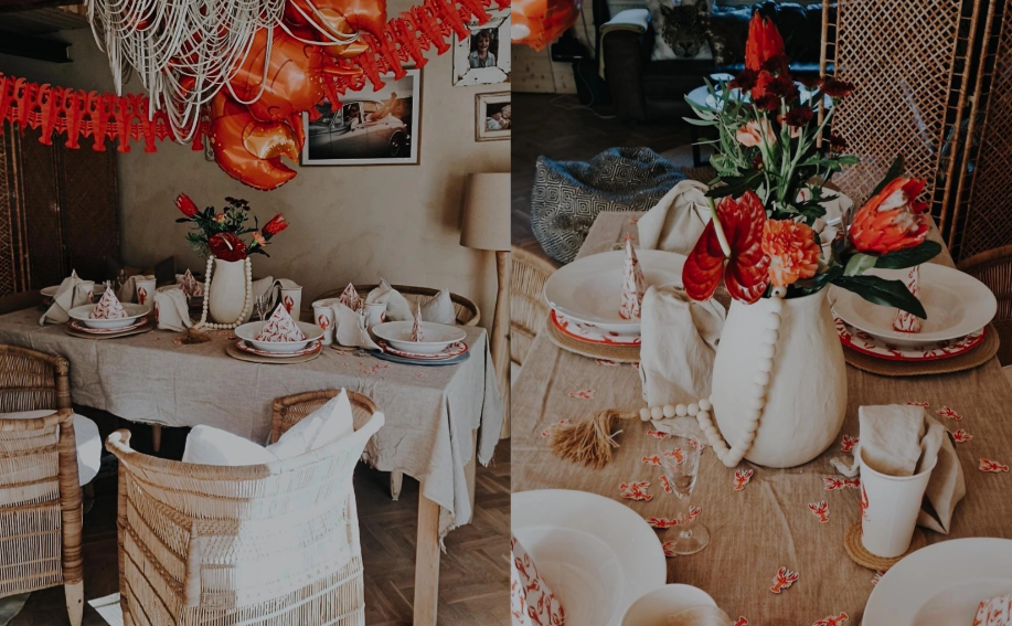 Kräftskiva inspiration med bohemisk dukning, kräftkonfetti och blommor i orange toner