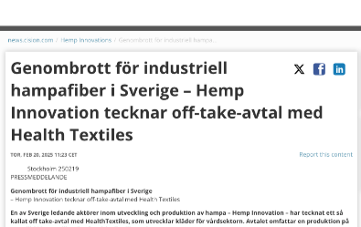 Hemp Innovation tecknar off-take-avtal med Health Textiles