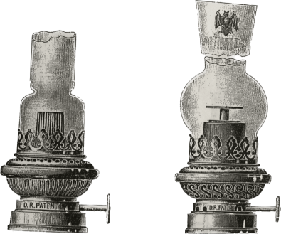 Olika brännare till fotogenlampor med olika slags lampglas