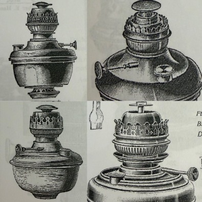Olika exempel på centraldragsbrännare till fotogenlampor