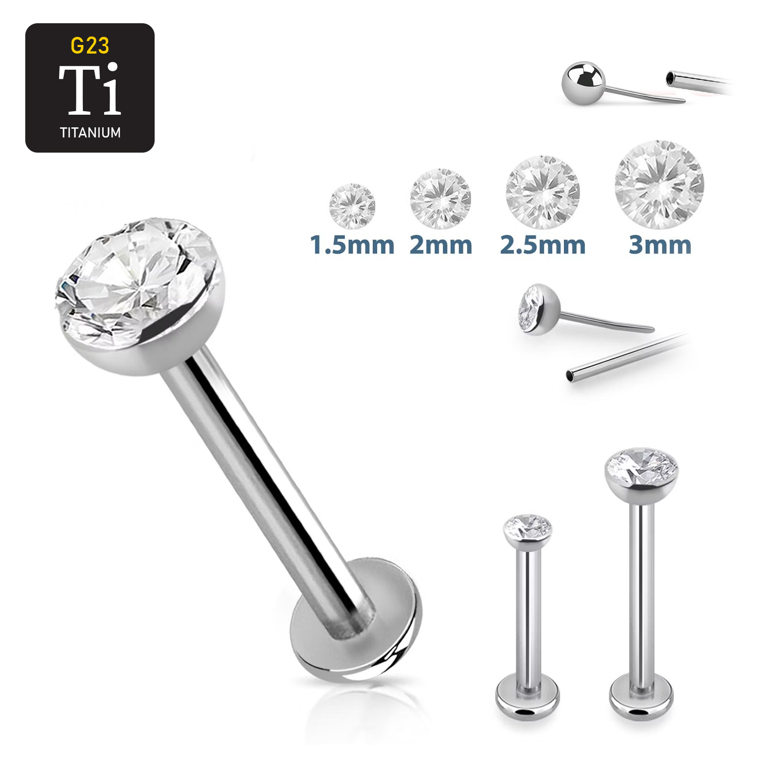 Titanium threadless labret 1.0mm med klar cubic zirconia topp