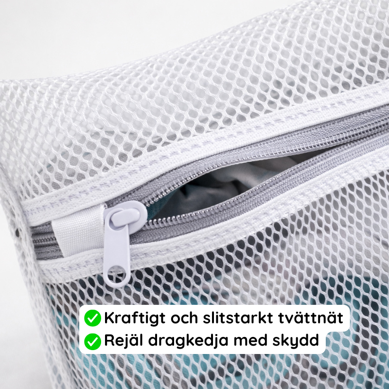 Närbild av tvättpåsens dragkedja och elastiska skyddsband.