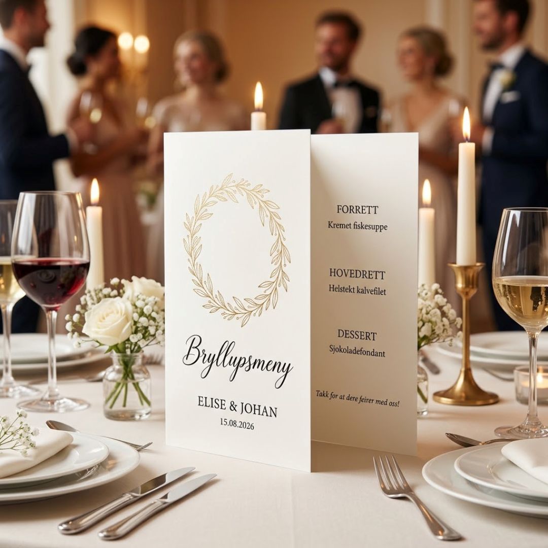 Dobbeltbrettet Meny A5 (4 s.) til fest og bryllup