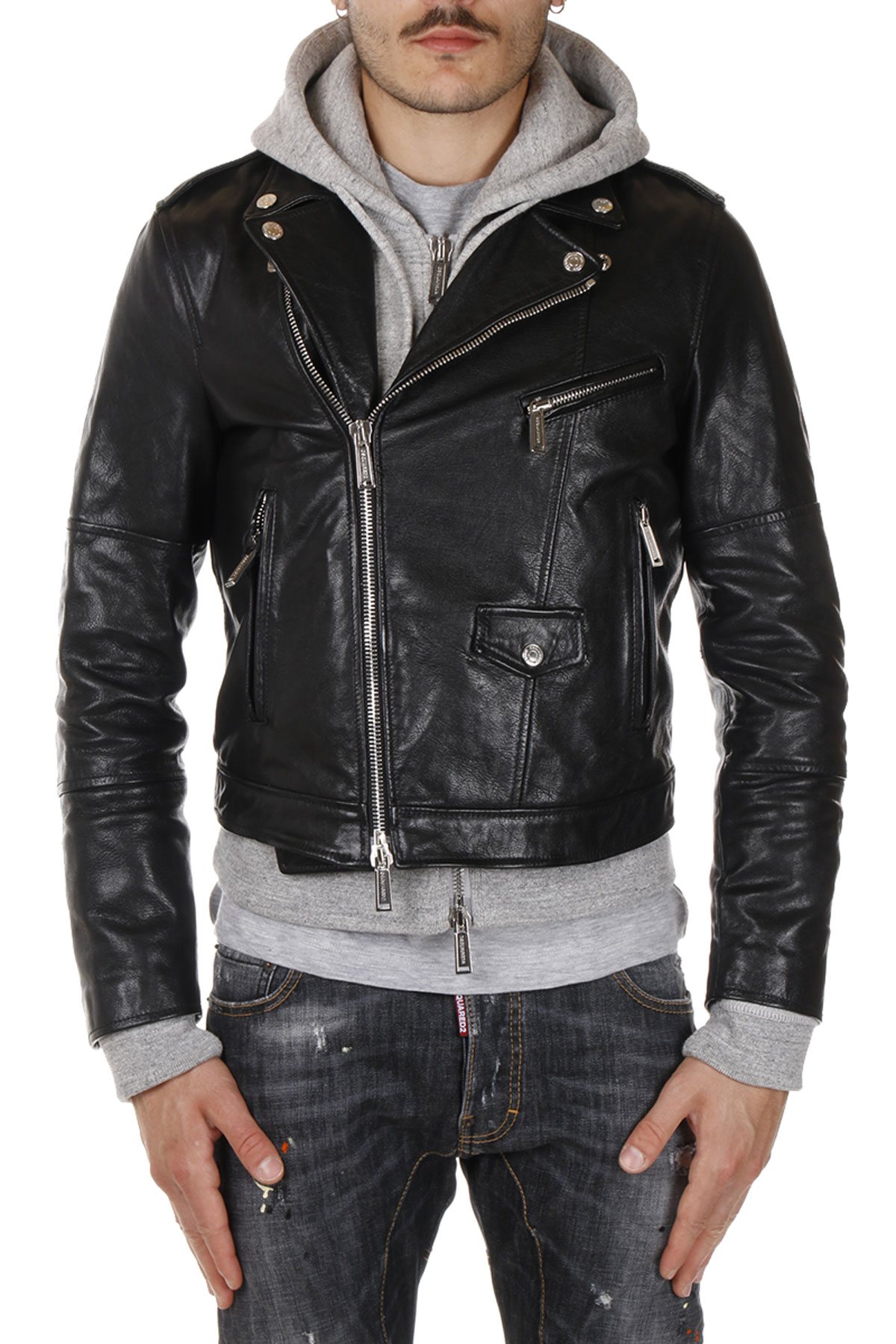 Dsquared2 Men Leather Jacket With Hood - Glamood Outlet