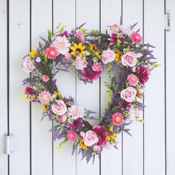Heart Floral Wreath Pink and Yellow Orchid, Sunflower & Rose 45cm Heart Floral Wreath Pink and Yellow Orchid, Sunflower & Rose 45cm