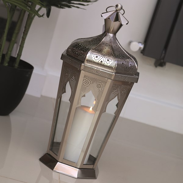 Moroccan Style Tapered Octagon Lantern in Nickel 47cm