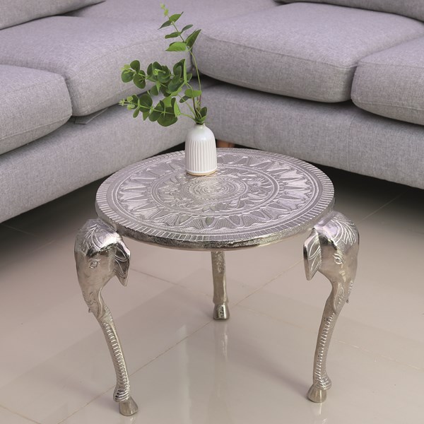 Circle Silver Metal Patterned Table With Elephant Head Legs 41x45cm