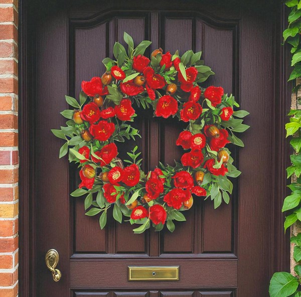 Mixed Floral Wreath Red Poppy Flowers 50cm Mixed Floral Wreath Red Poppy Flowers 50cm