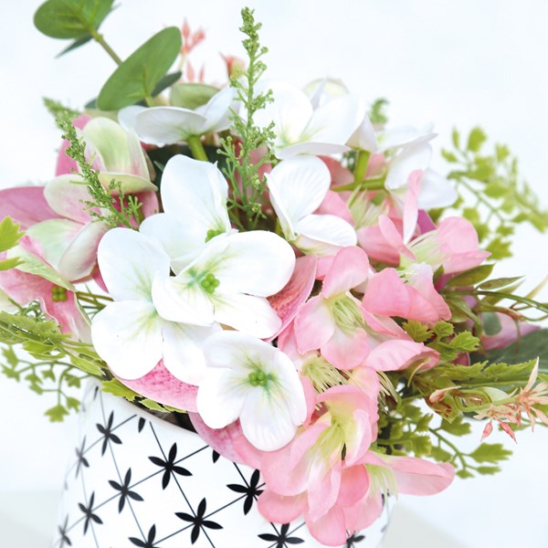 White and Pink Floral Arrangement in White Patterned Pot 20cm White and Pink Floral Arrangement in White Patterned Pot 20cm