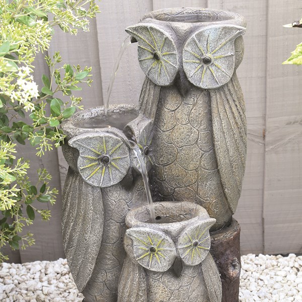 Three Tiered Owl Pouring Water Feature LED 47cm Three Tiered Owl Pouring Water Feature LED 47cm