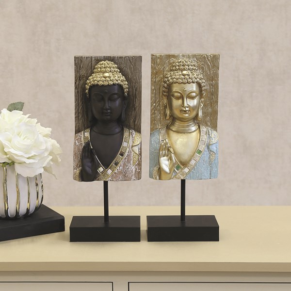 Buddha Ornament with Gold Accents on Stand 2 Assorted 21cm
