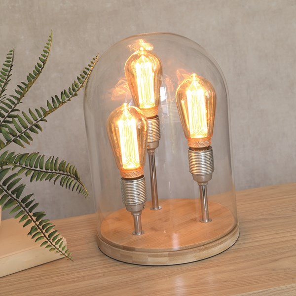 Glass Dome Table Lamp Bamboo Base Triple 34cm