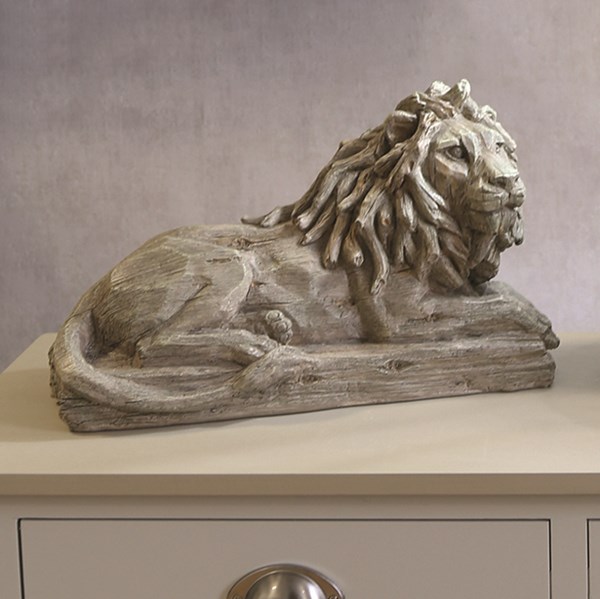 Wood Effect Lying Lion 23cm