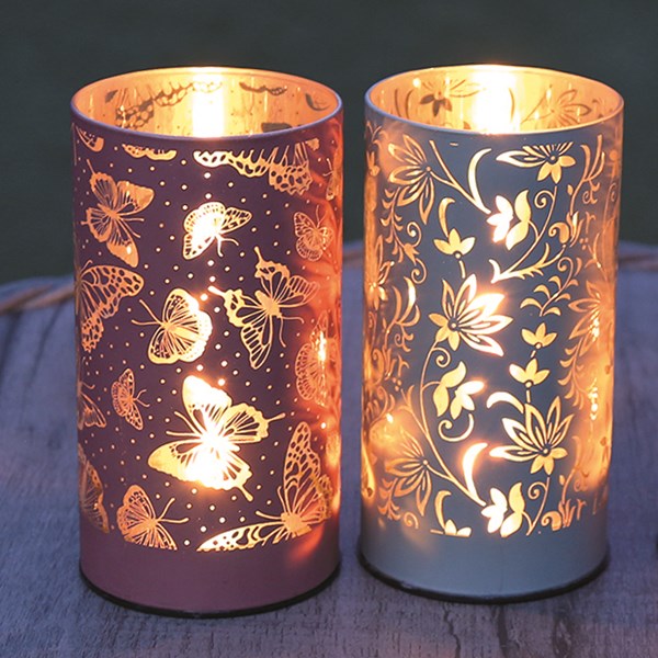 LED Butterfly and Floral Glassware Cylinder 15cm 2 Assorted LED Butterfly and Floral Glassware Cylinder 15cm 2 Assorted