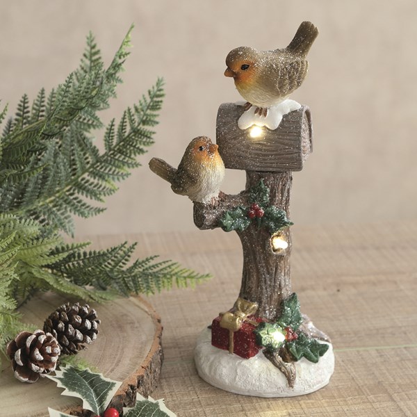 LED Robins On Tree 9.5 x 17cm