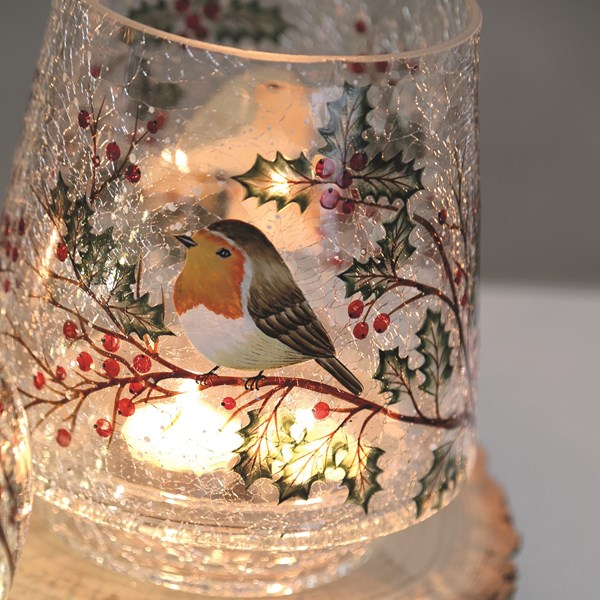Robin & Holly Candle Holder 22cm Robin & Holly Candle Holder 22cm