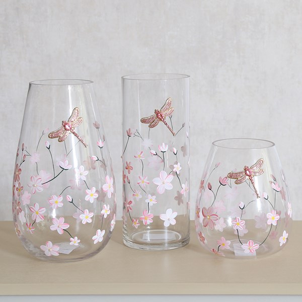 Cylinder Vase Pink Floral Dragonfly 25cm Cylinder Vase Pink Floral Dragonfly 25cm