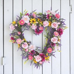 Heart Floral Wreath Pink and Yellow Orchid, Sunflower & Rose 45cm