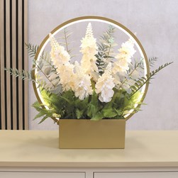 Gold Round LED Lamp with White Florals 44cm
